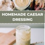 Caesar Dressing in a jar on the table with a kitchen towel and bowl of salad