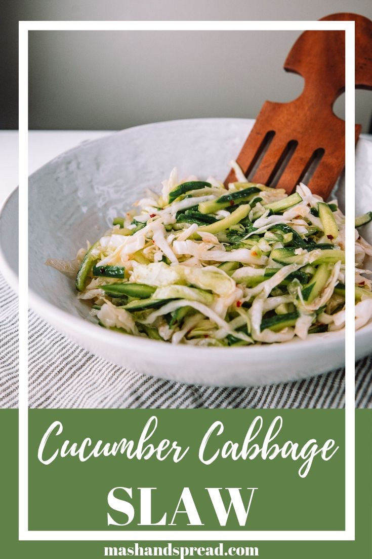 10 ingredient Cucumber Cabbage Slaw is a quick and healthy side dish that pairs with sandwiches, hotdog. Recipe from Mash and Spread. 