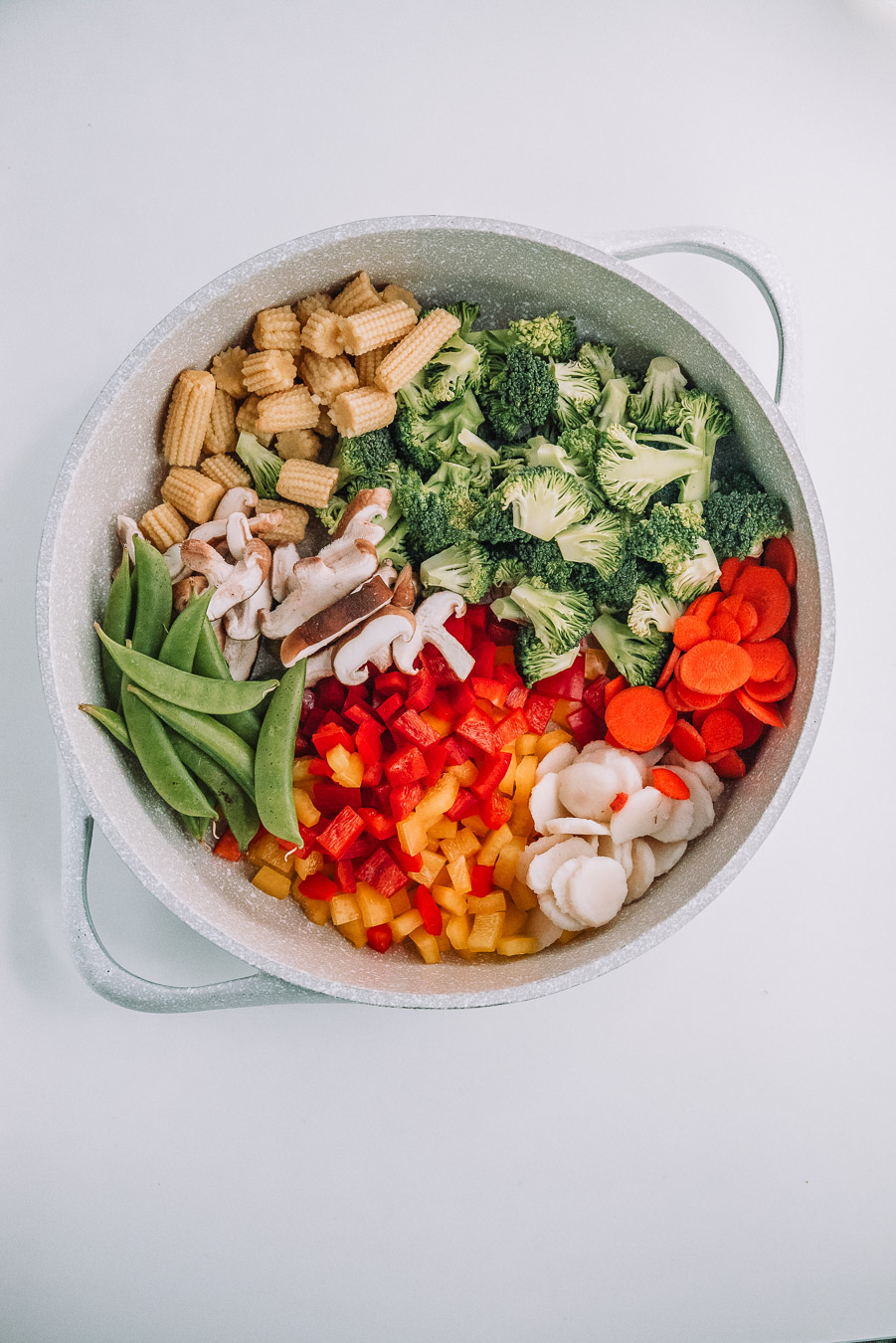 Fresh ingredients of Shiitake Ginger Noodle Stir Fry in a skillet on a white table.