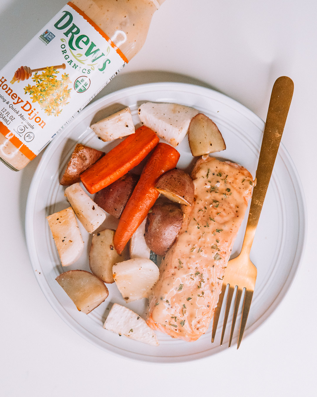 One Pan Honey Dijon Salmon and Root Vegetables made with Drew's Organics Honey Dijon Dressing and Marinade.