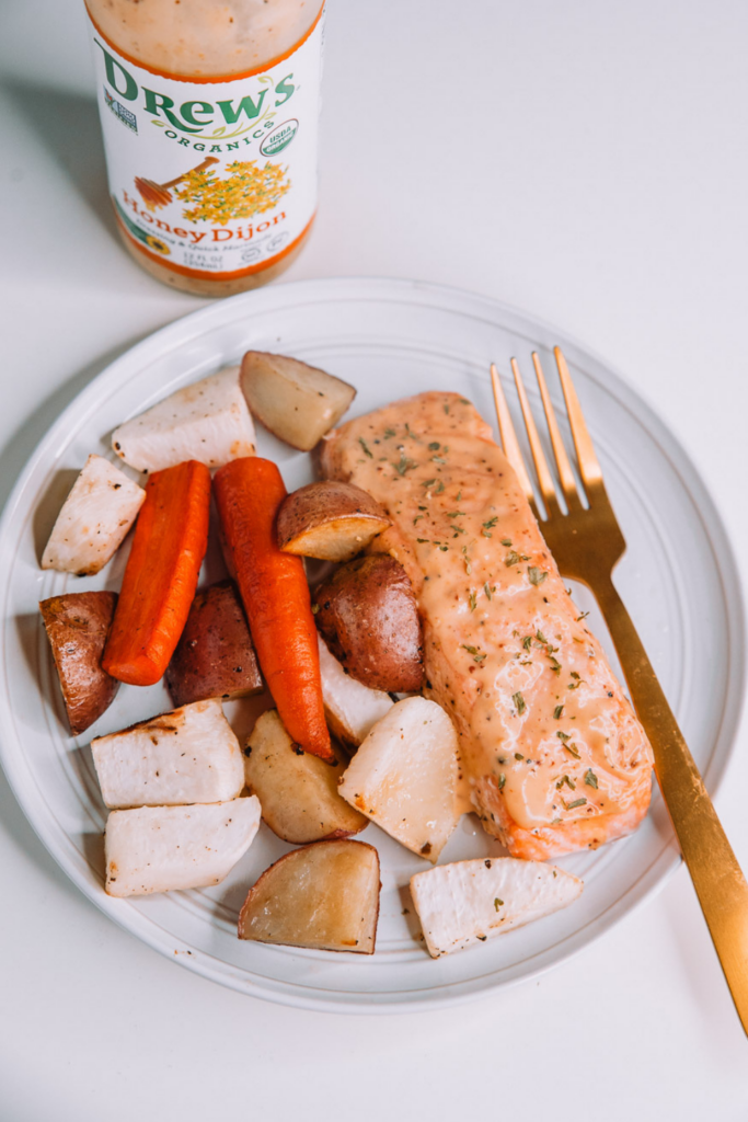 One Pan Honey Dijon Salmon and Root Vegetables made with Drew's Organics Honey Dijon Dressing and Marinade.