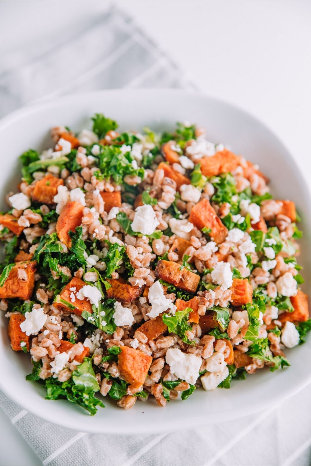 What's in my bowl? A filling, healthy seasonal cozy meal- Winter Faro Salad  made with Nature's Green's Kale. Filled with protein, fiber, and other vitamins and mineral. Get the recipe here! #highfiber #meatlessmeals #wintermeals #recipe #kale #healthyrecipes