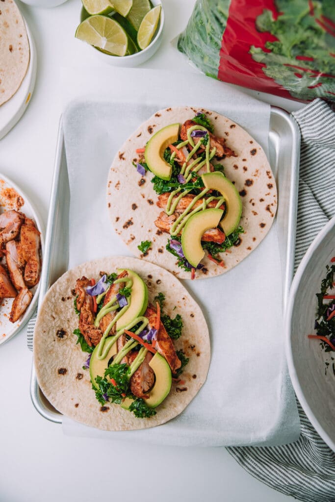 Chicken Tacos with Cilantro Lime Kale Slaw by Mash and Spread