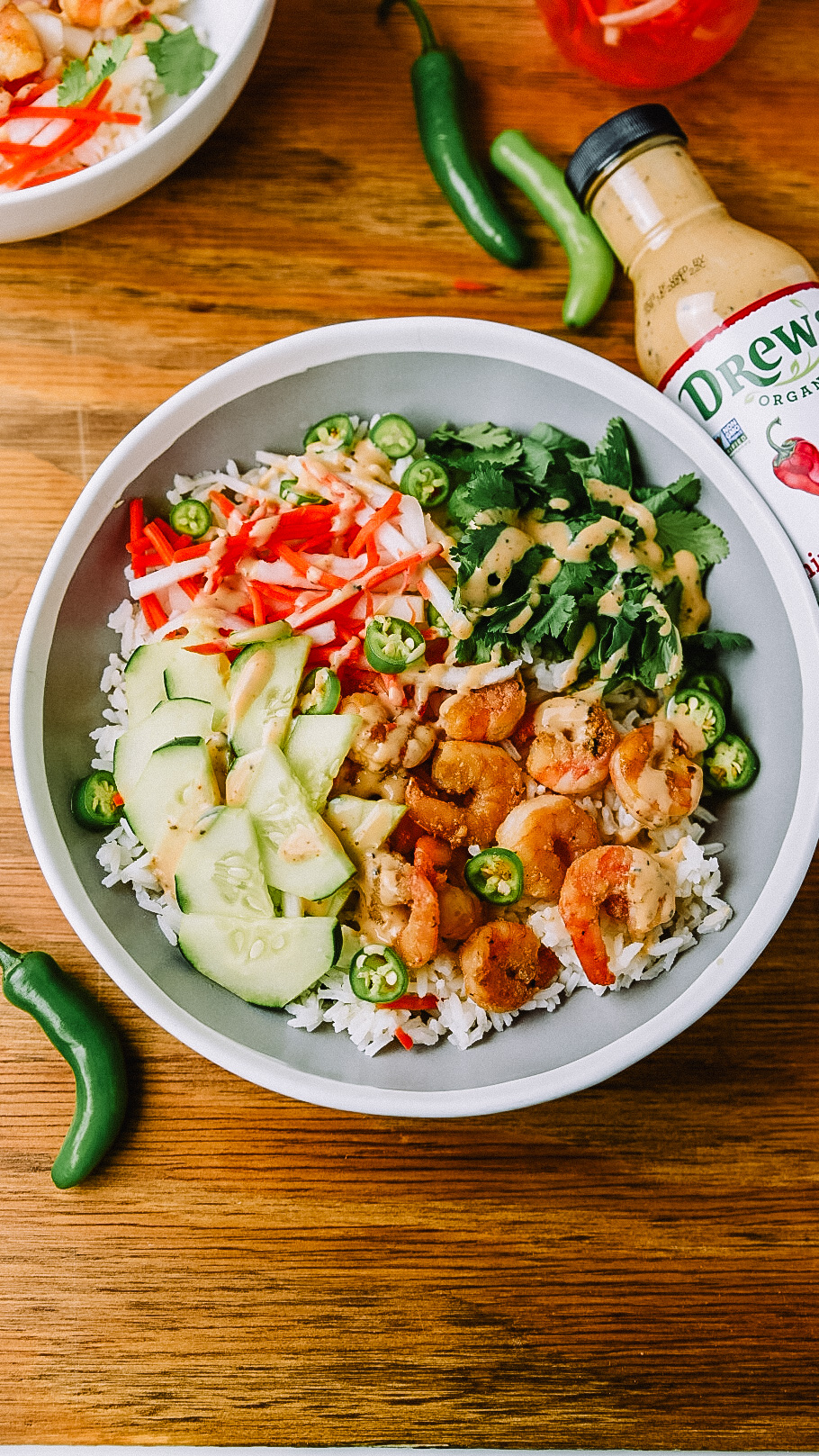 Shrimp Bahn Mi Bowl made with Drew's Organics Chipotle Ranch Dressing