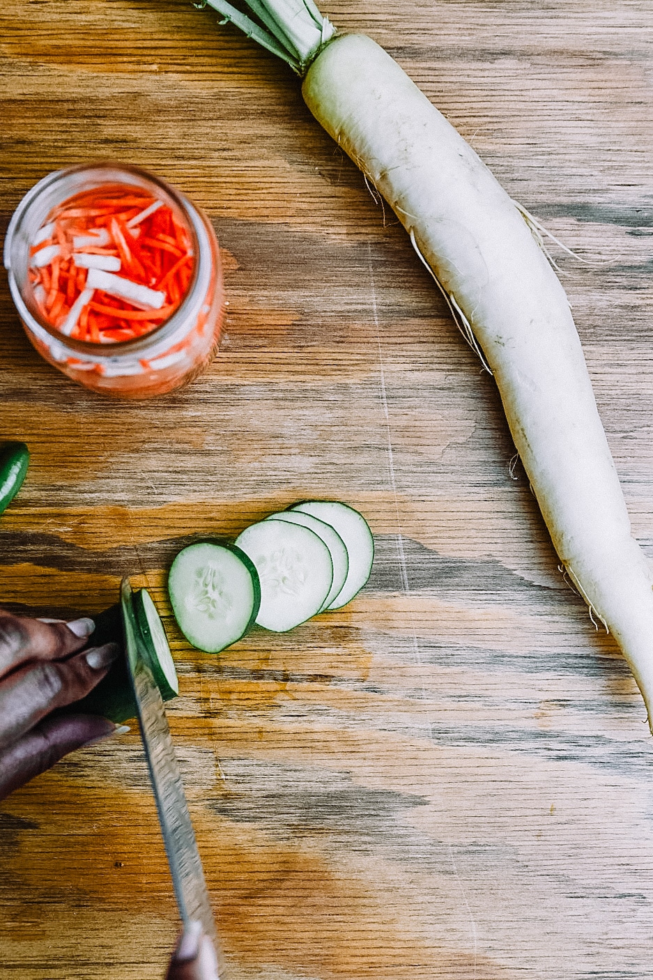 Chopping Cucumber for Shrimp Banh Mi Bowl made with Chipotle Ranch