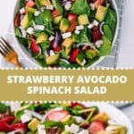 Bowl filled with strawberries, spinach, avocado, on a grey and white kitchen towel