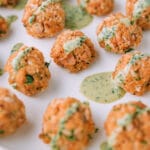 salmon meatballs on a white plate.