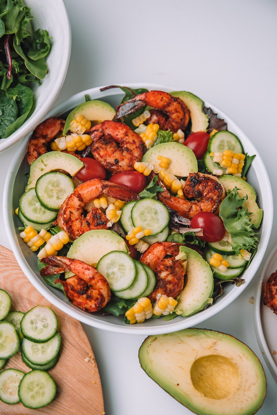 Bowl filled with Blackened Shrimp and Avocado Salad