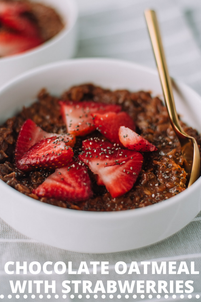 Looking to switch it up with a quick breakfast recipe? Make this easy healthy chocolatey thick batch of chocolate oatmeal made with chia seeds and topped with fresh strawberries. #chocolate #strawberry #oatmeal #breakfast