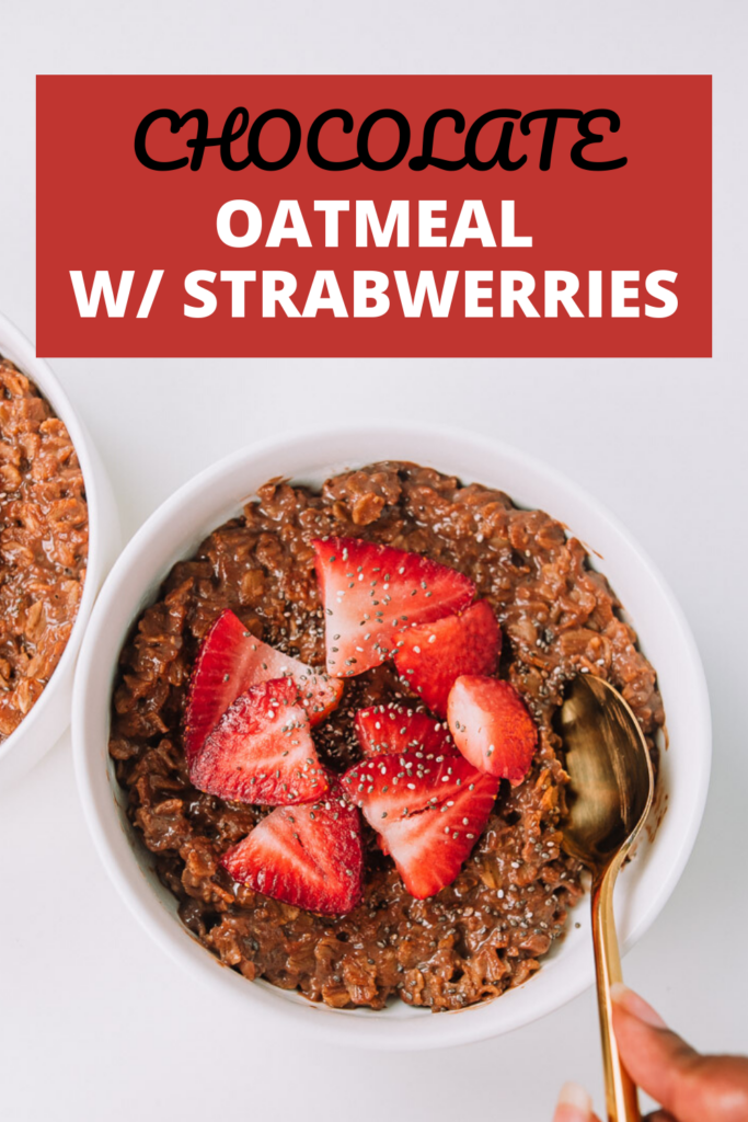 Looking to switch it up with a quick breakfast recipe? Make this easy healthy chocolatey thick batch of chocolate oatmeal made with chia seeds and topped with fresh strawberries. #chocolate #strawberry #oatmeal #breakfast