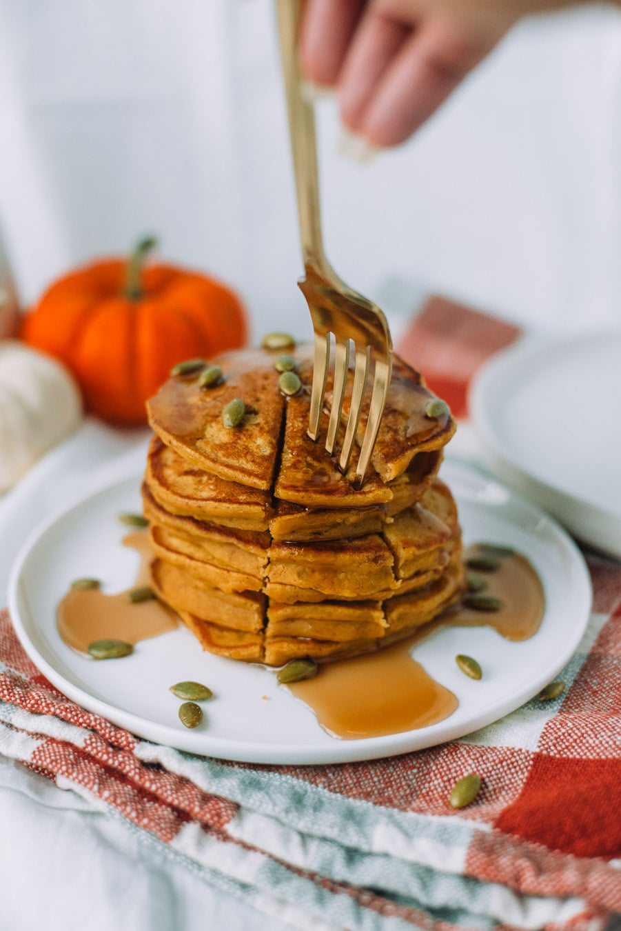 Stack of Easy Pumpkin Pancakes with a Fork