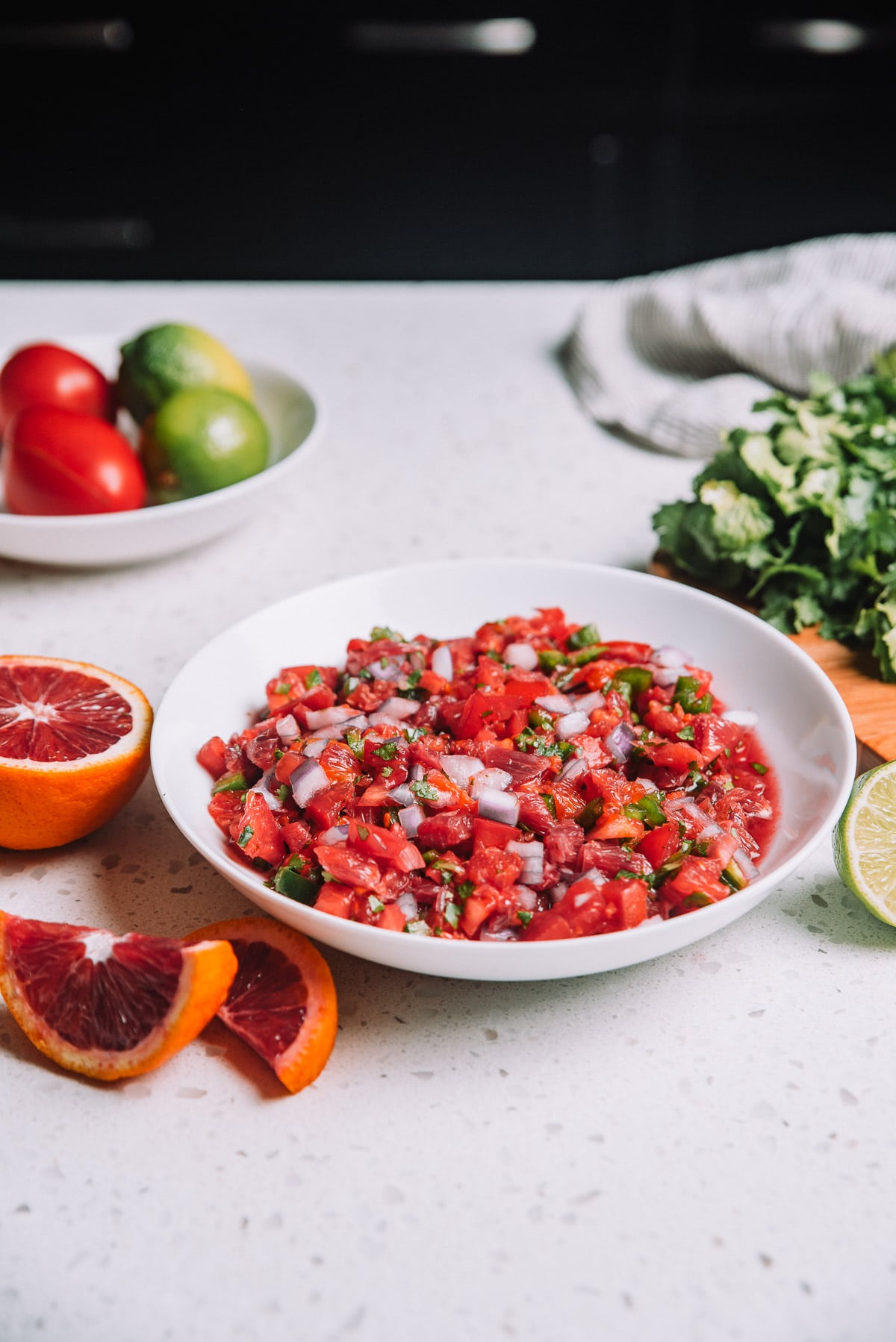 Bowl of Chunky Blood Orange Salsa in a white bowl