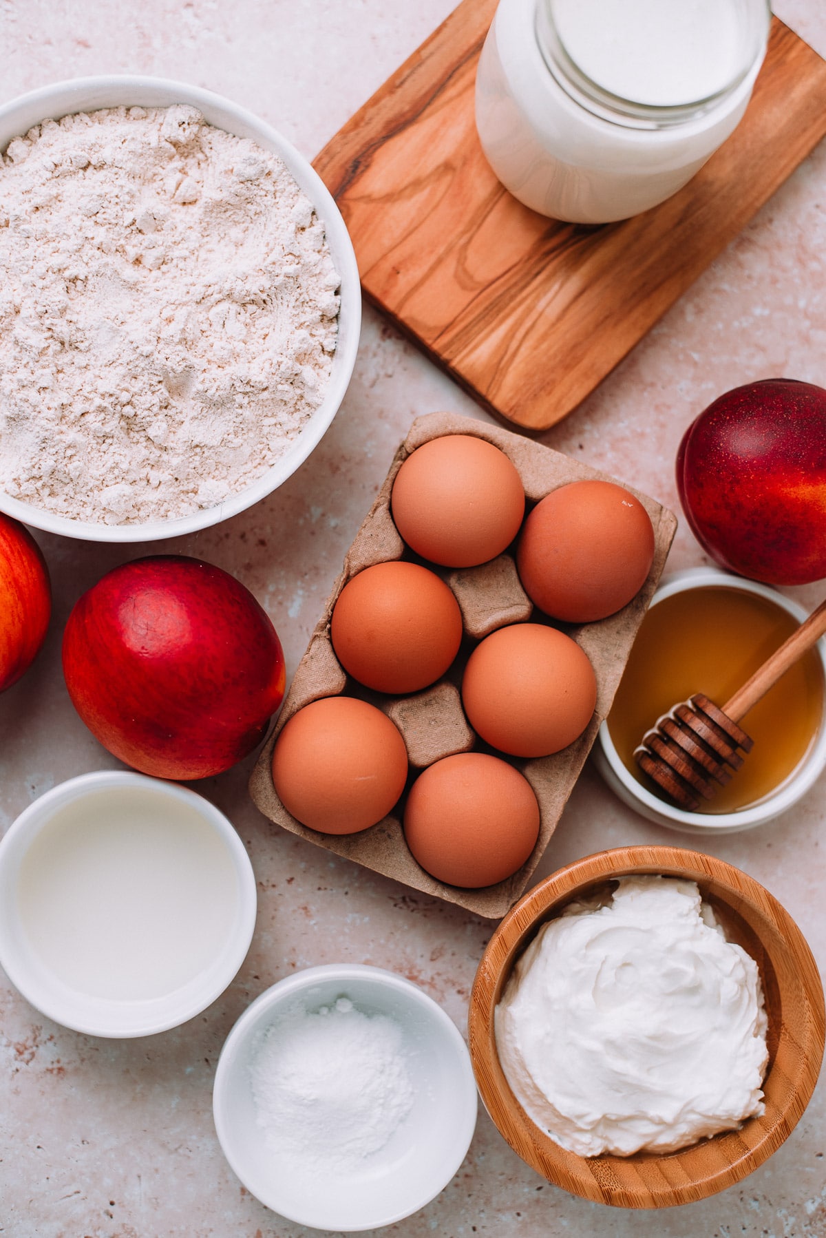 Ingredients for Whole Wheat Pancakes with Yogurt and Nectarines on a table