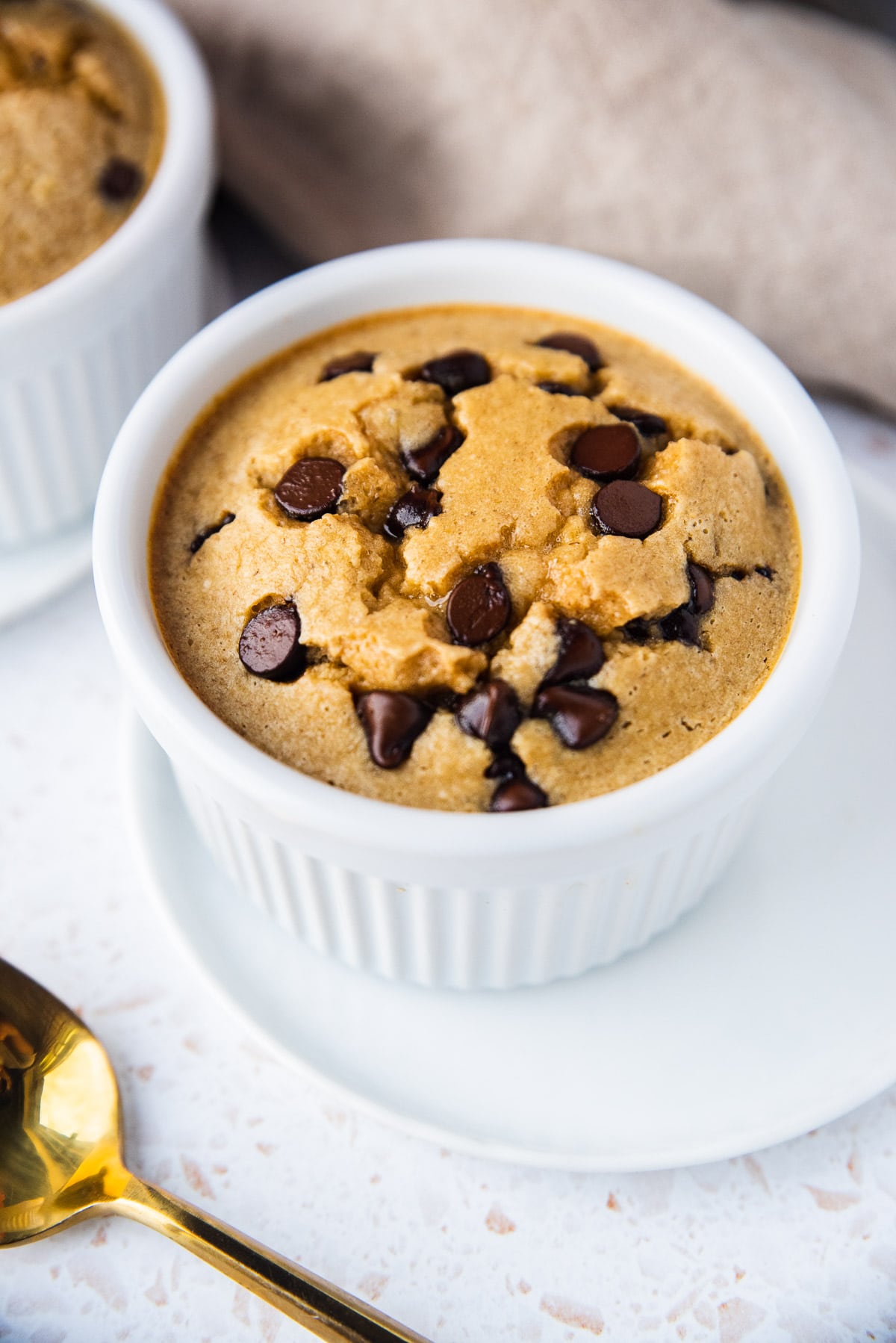 Chocolate Chip Blended Baked Oats in a white ramekin