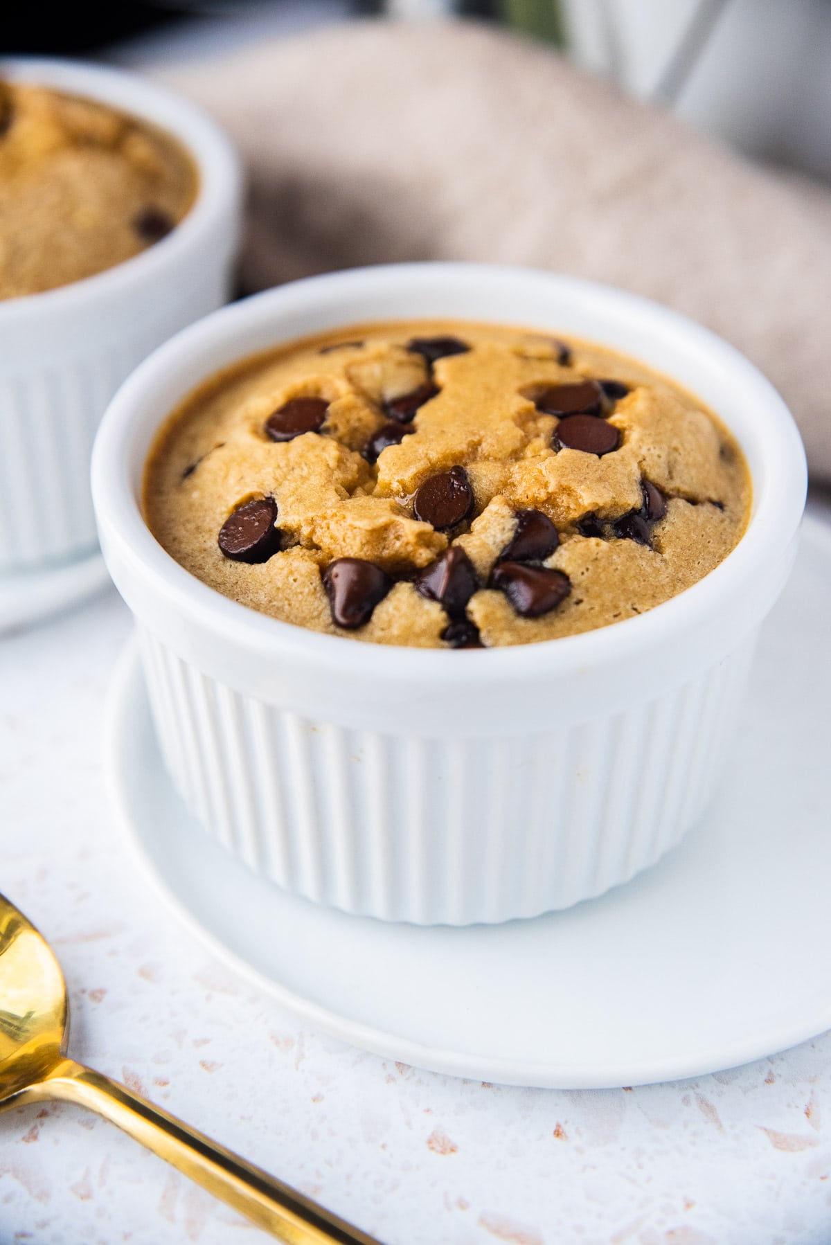 Chocolate Chip Blended Baked Oats in a white ramekin