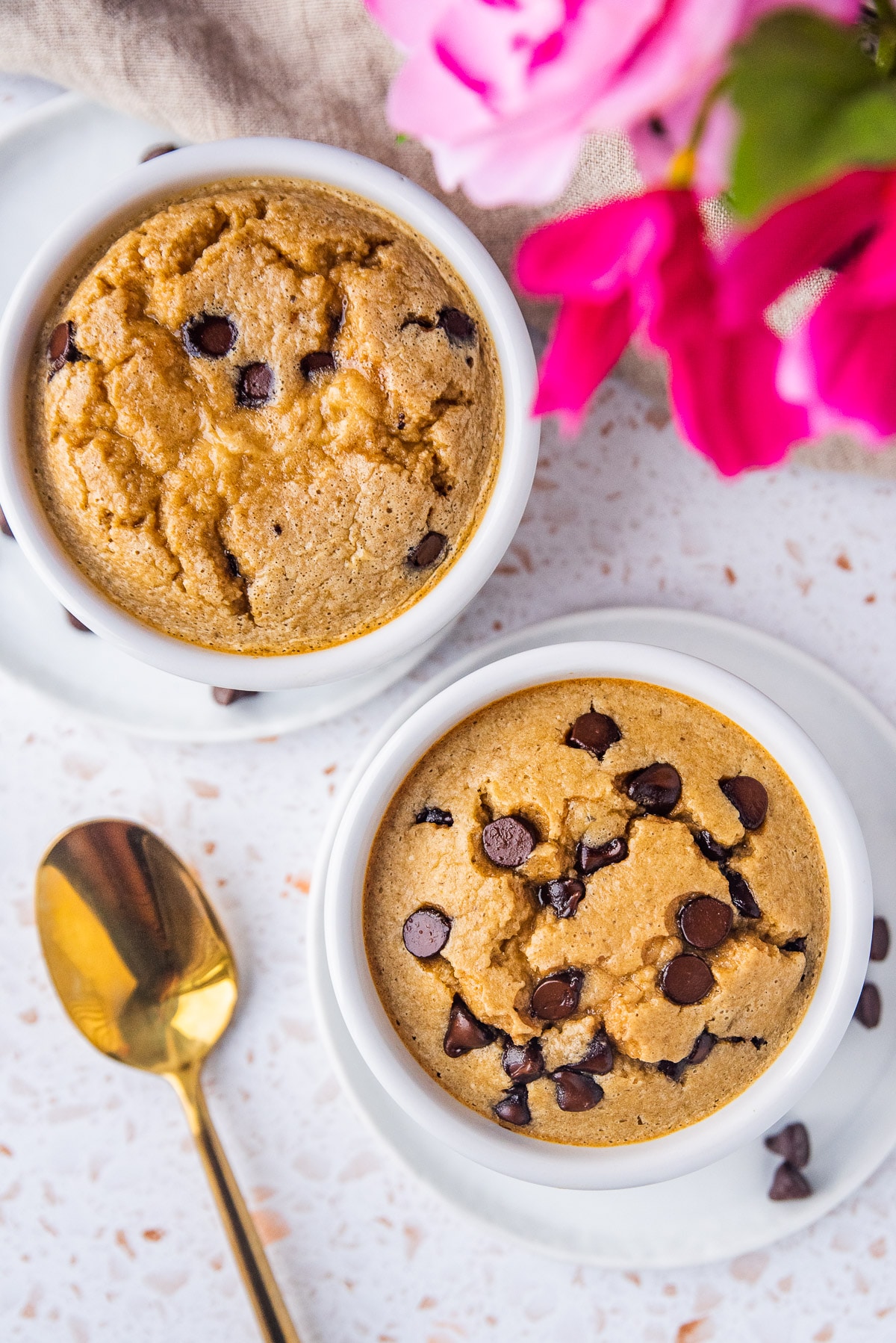 Chocolate Chip Blended Baked Oats in a 2 white ramekin